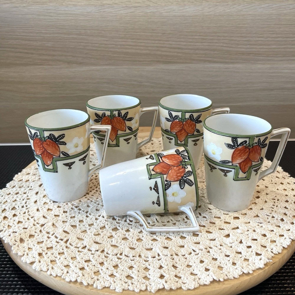 Antique Nippon Set Of 5 Lemonade Cider Mugs Hand Painted Strawberry Motifs READ